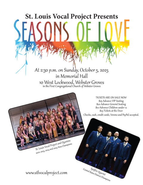Show flyer with date, time, and location of performance and photos of SLVP chorus and guest quartet Spitfire