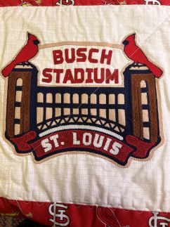 Closeup image of quilt block showing Busch Stadium